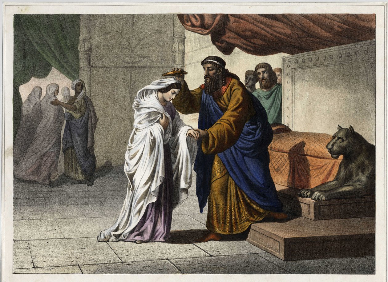 Korunovace Ester: Perský král Assuerus 1. (Xerxes 1.) korunuje svou manželku Ester. Anonymní rytina 19. století. od Unknown artist