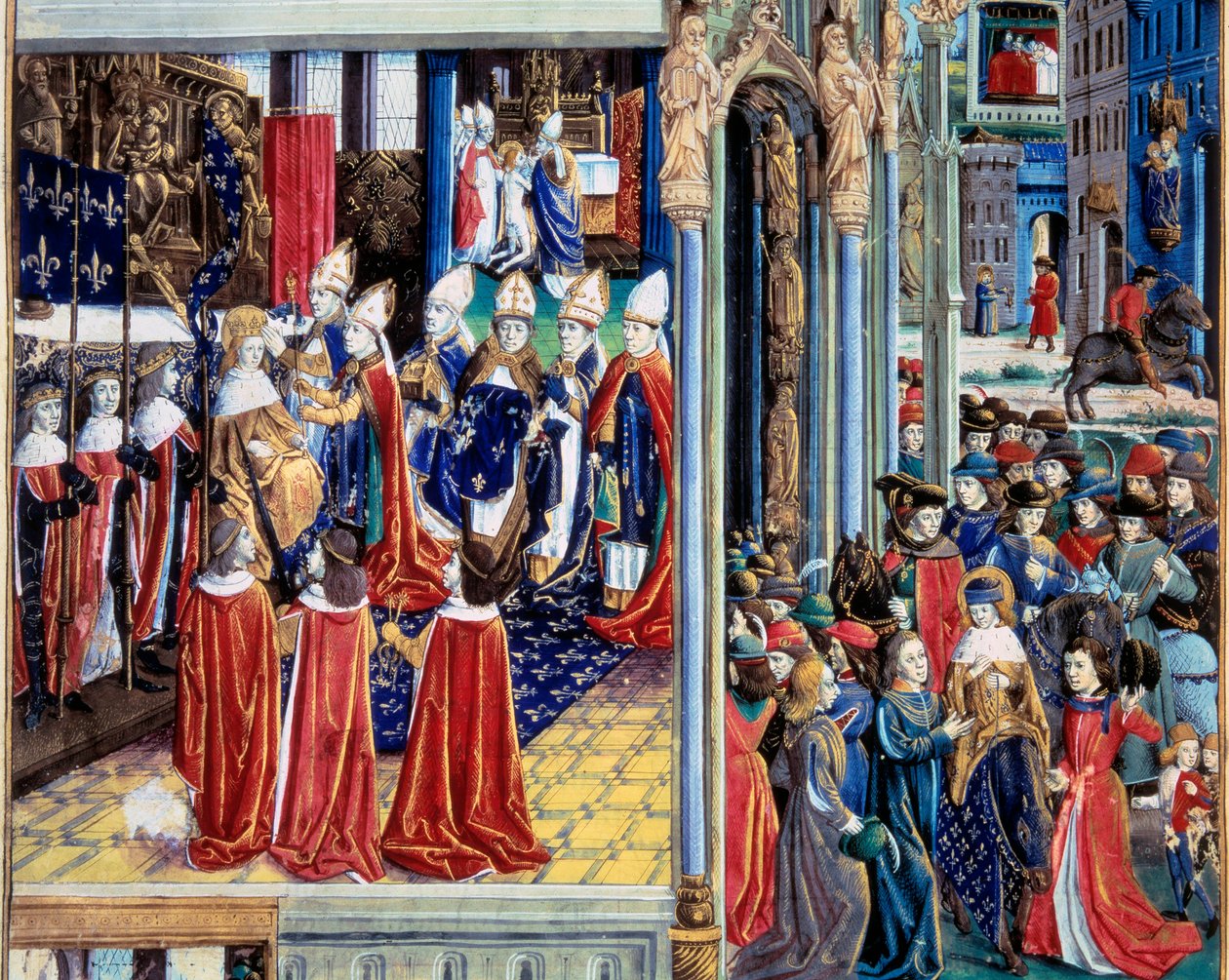 Korunovace krále Saint Louis (Ludvíka IX.) (1214-1270) dne 29. 11. 1226 v katedrále v Remeši”” Miniatura z rukopisu “”Kniha faktů Monsignor Saint Louis””” 15. století. Paříž, B.N od Unknown artist