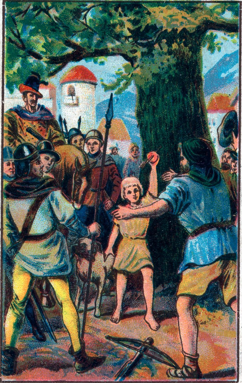 Kuše. Guillaume Tell (William Tell) (legendární hrdinové švýcarské nezávislosti). Chromolitografie konce 19. století. od Unknown artist