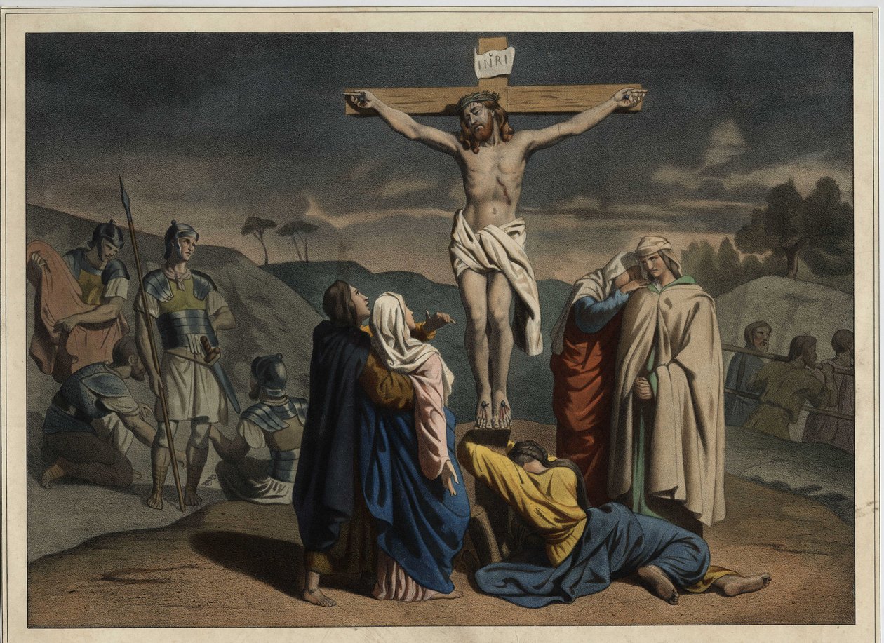 Ukřižování Krista. Nápis „“ INRI““ na kříži. Anonymní rytina z poloviny 19. století. od Unknown artist