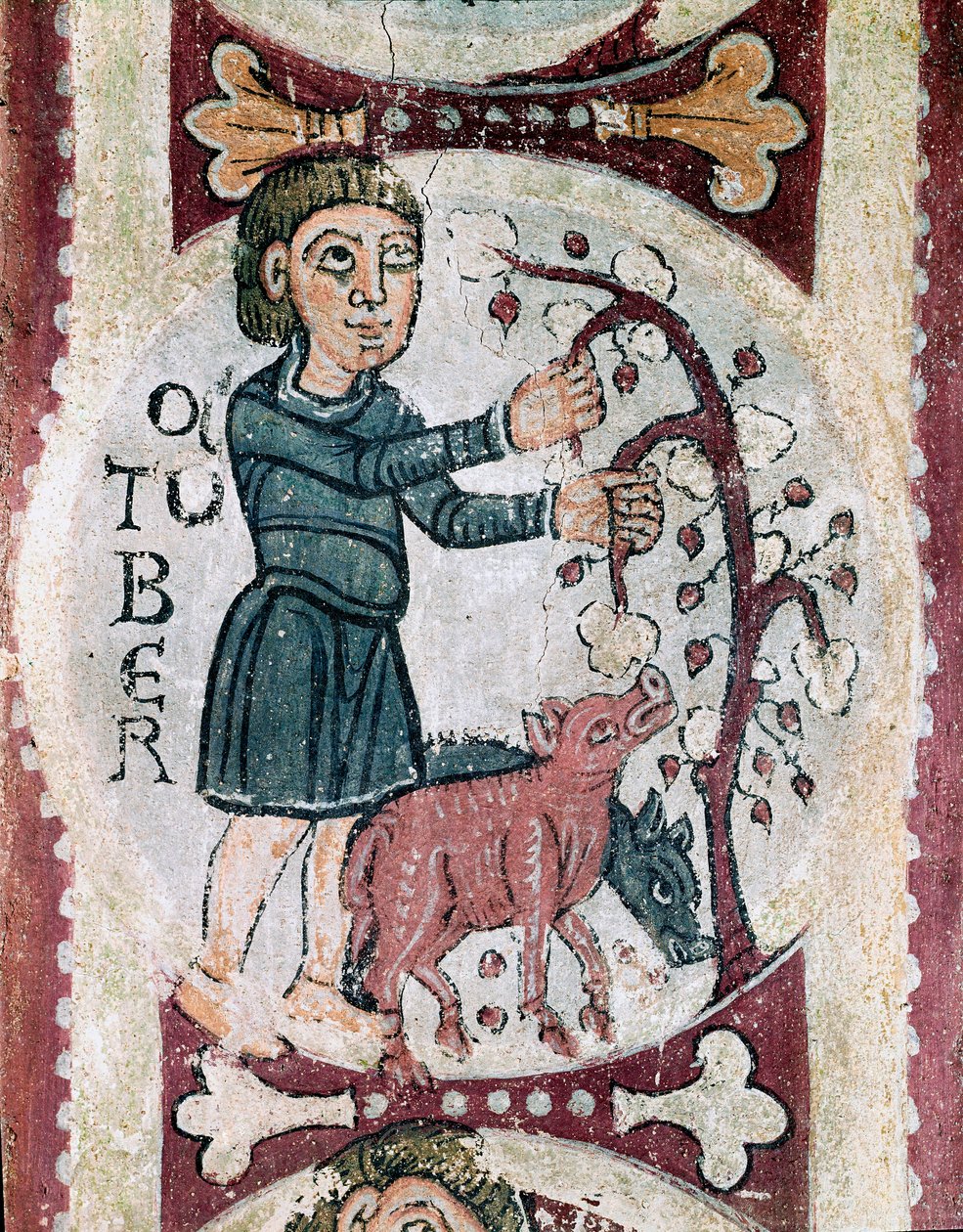 Cyklus měsíců: Říjen: sběr žaludů. Detail fresky z 12. století z královského panteonu Real Colegiata of San Isidoro (Royal Collegiale of Saint Isidore). Leon. od Unknown artist