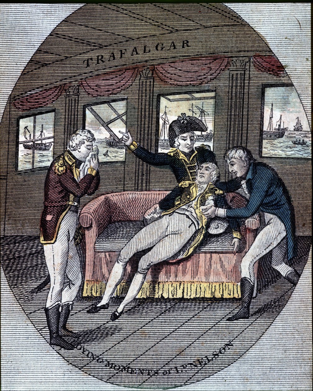 Smrt admirála Nelsona v bitvě u Trafalgaru na palubě jeho lodi „Victory“ (21. října od Unknown artist