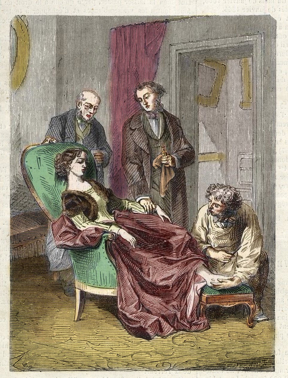Smrt Hannah Greenerové způsobená vdechnutím příliš velkého množství chloroformu (anestezie) - 1848 - Hannah GREENEROVÁ, 15letá dívka, podlehne synkopě během chloroformové anestezie podané k operaci vtěleného nehtu - rytina od Unknown artist