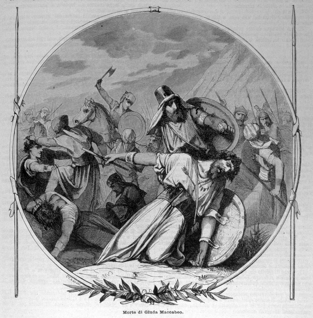 Smrt Judy Macchabee (Maccabee nebo Macabee) během makabejského povstání proti Seleukovcům v roce 160 př.n.l. Rytina 19. století. od Unknown artist
