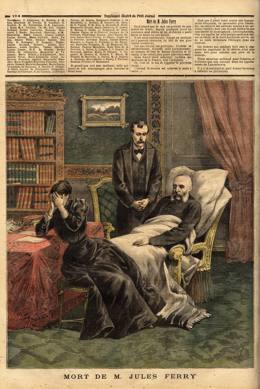 Smrt Julese Ferryho (1832-1893), republikánského politika, obránce školy Laique a zastánce koloniální expanze. Rytina v “” Le petit journal”” 1. 4. 1893. Selva sbírka. od Unknown artist