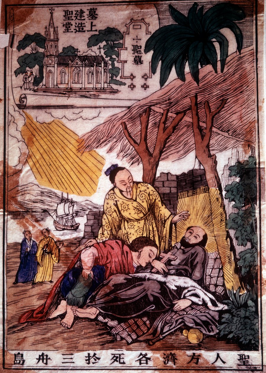 Smrt svatého Františka Xaverského (1506-1552), španělského jezuitského misionáře, jednoho ze zakladatelů odre společnosti Ježíšovy v Číně. Rytina 19. století. Chantilly, jezuitský seminář od Unknown artist