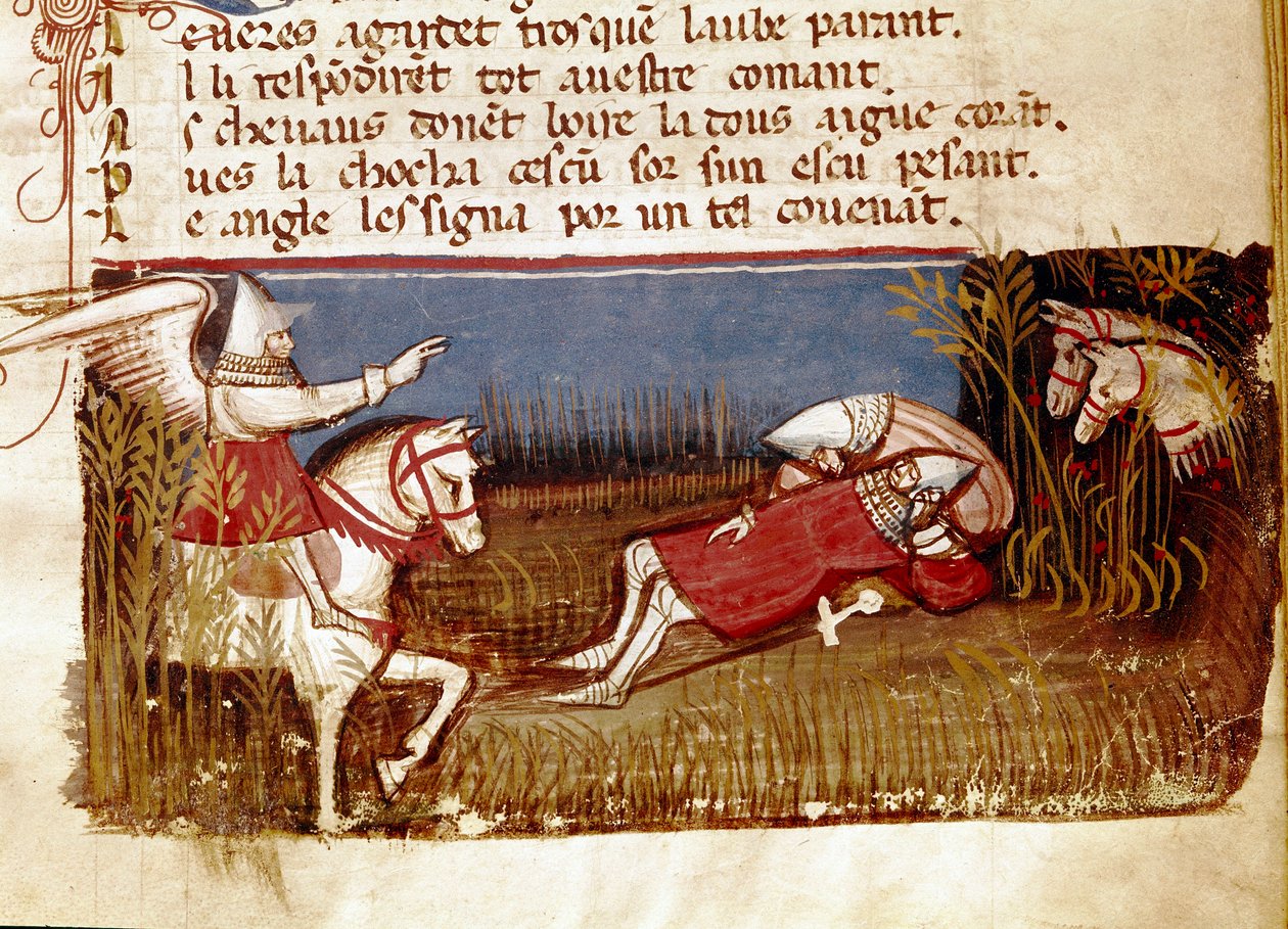 Smrt rytíře Rolanda, synovce Karla Velikého, během bitvy u Roncevaux, miniatura 778 převzatá z „“Entree of Spain””. Benátky 14. století, Biblioteca Marciana. od Unknown artist