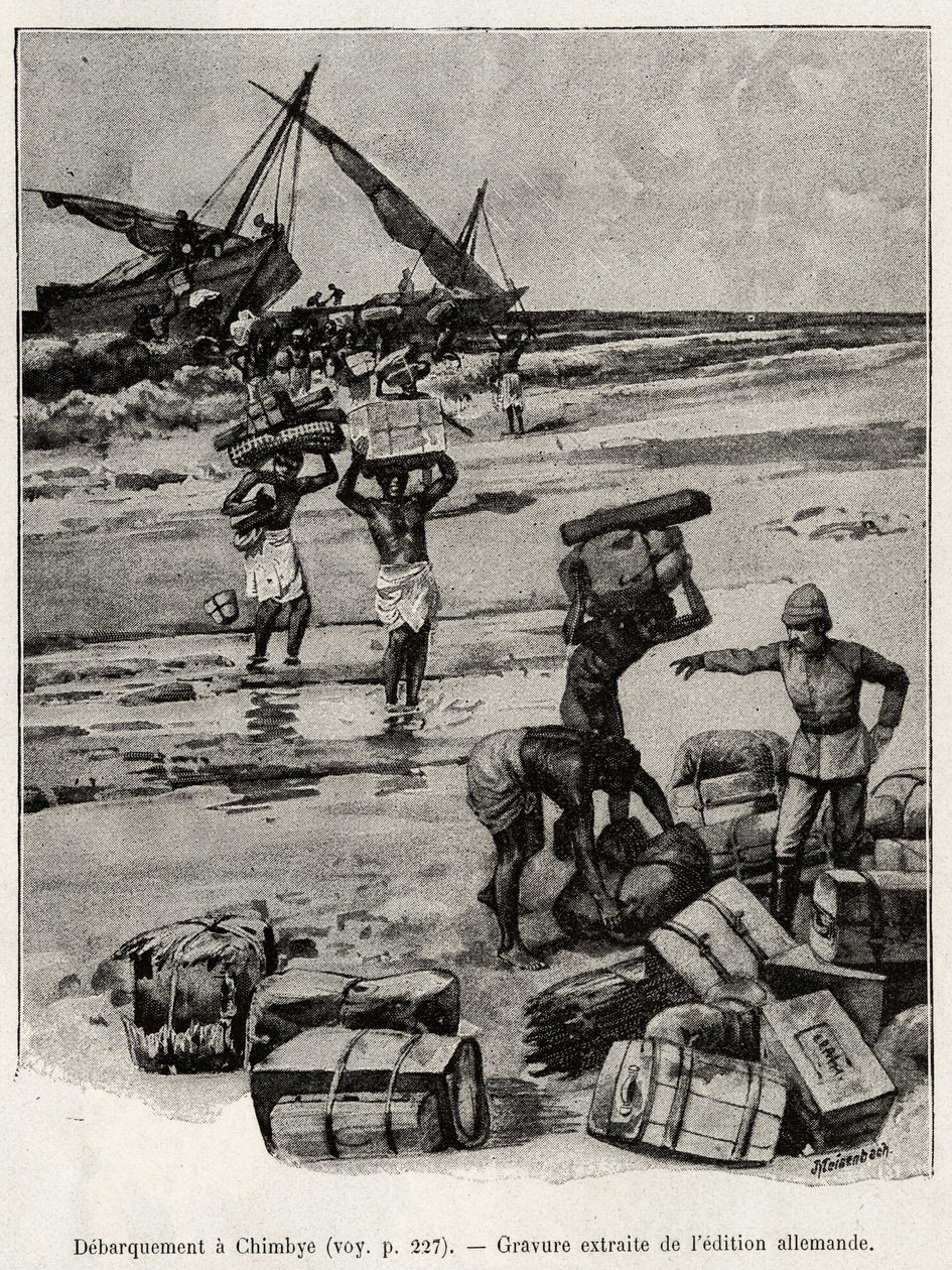 Vylodění v Chimbye (Tanzanie) Petersovy expedice. Rytina k ilustraci příběhu „Au secours d