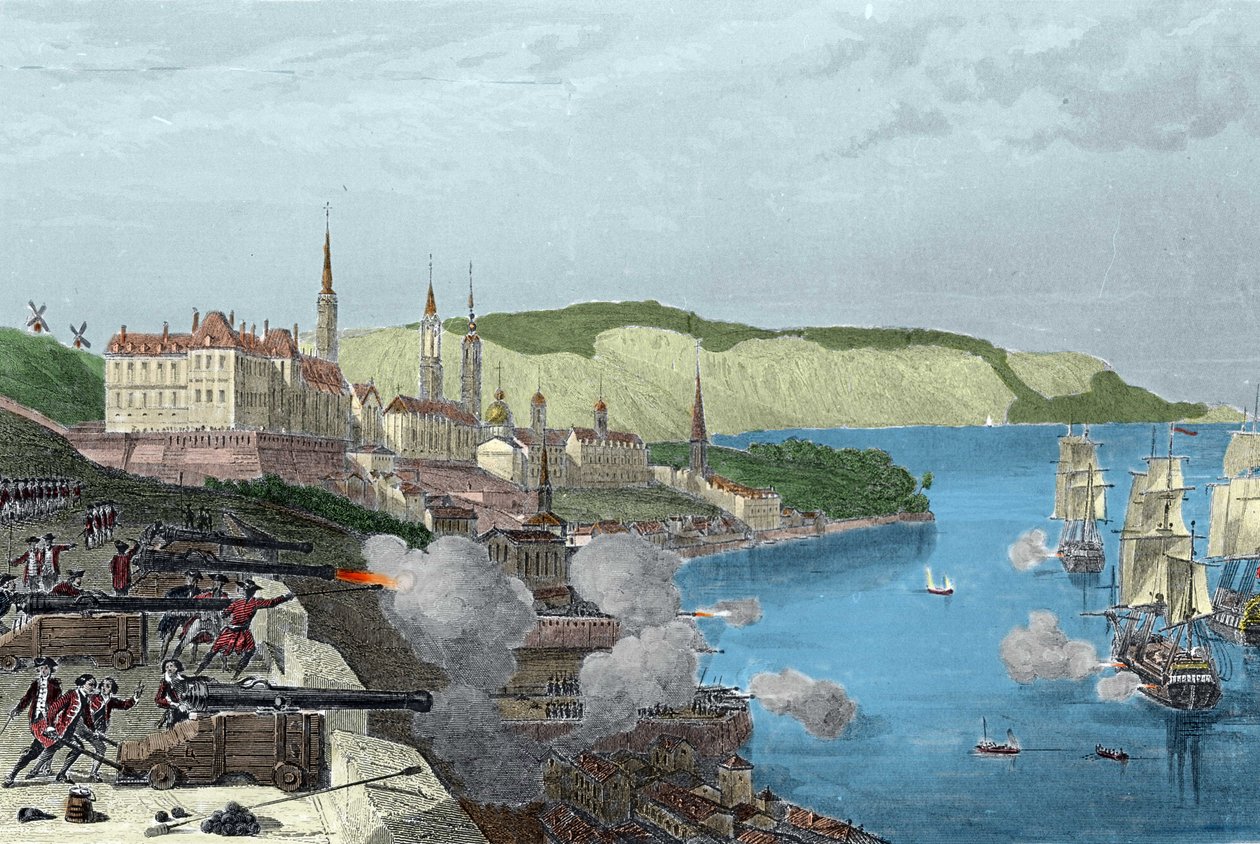 Obrana Quebecu hrabětem Louisem de Buade, hrabětem z Frontenacu (1622-1698) dne 16.10.1690. Barevná rytina v „Histoire generale de la marine“ od Van Tenaca od Unknown artist