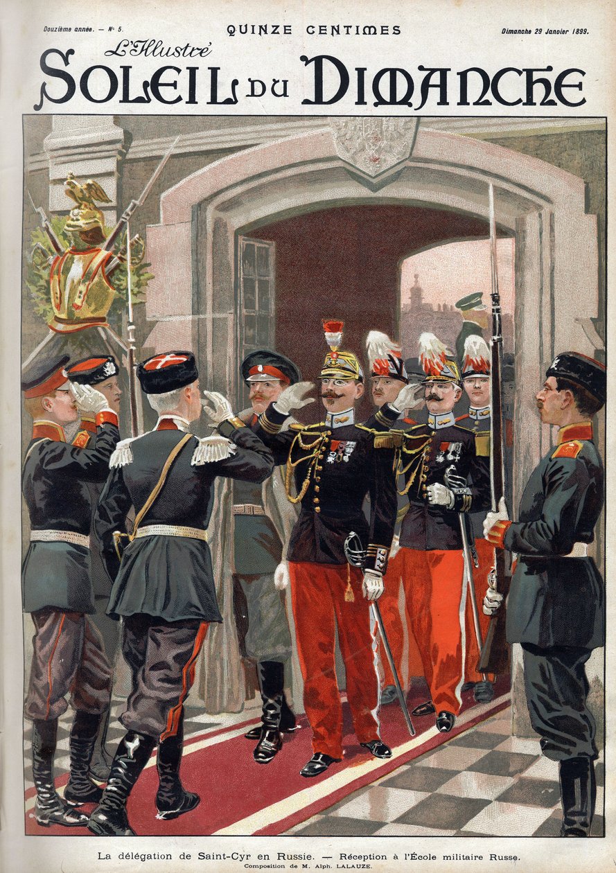 Delegace Saint Cyr (St. Cyr) v Rusku: recepce v ruské vojenské škole. Rytina v „“Le sun-du-dimanche“, 29. ledna od Unknown artist
