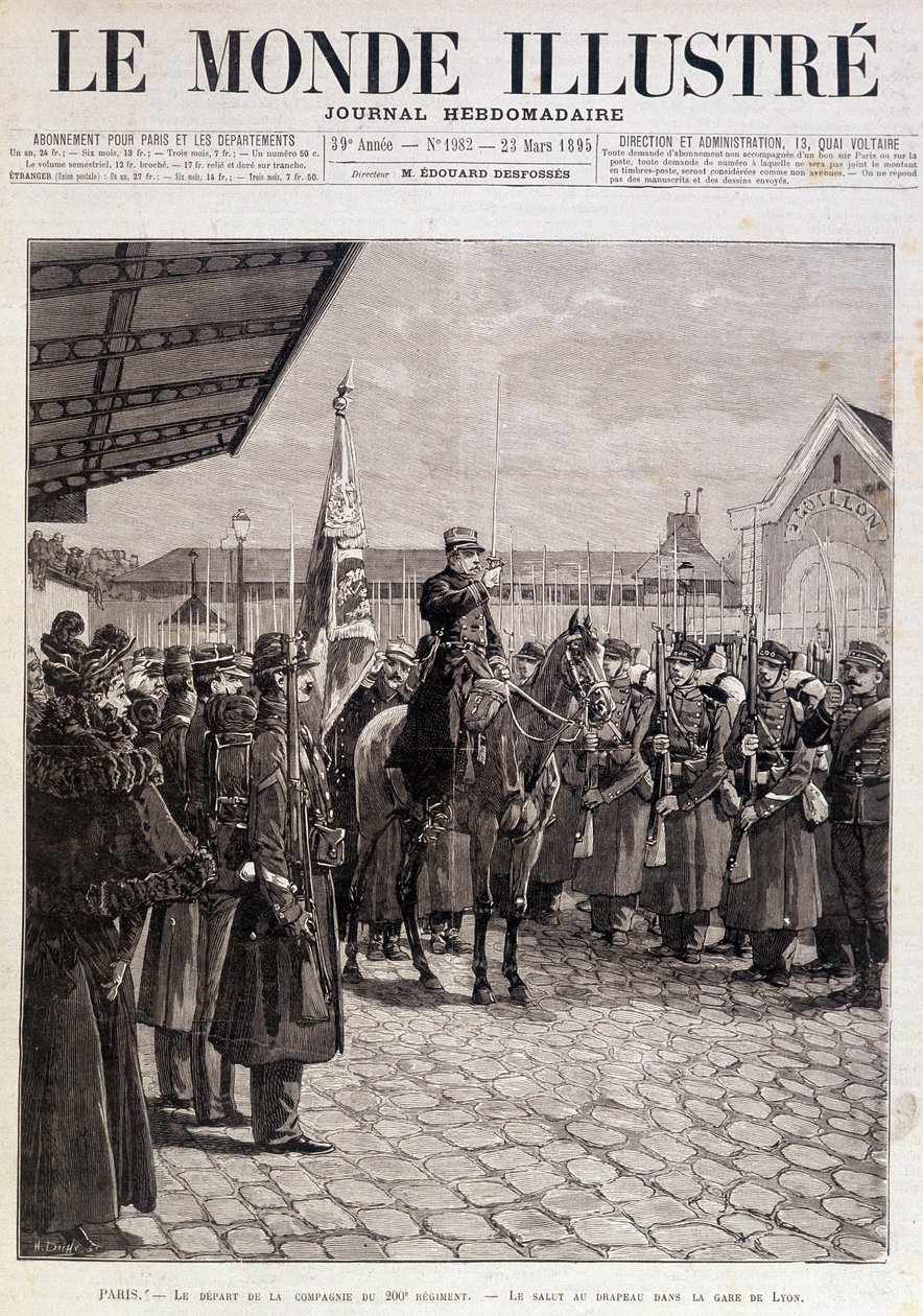 Odchod roty 200. pluku. Pozdrav vlajce na Gare de Lyon. ""Ilustrovaný svět"". 23/03/1895. Výkres. od Unknown artist