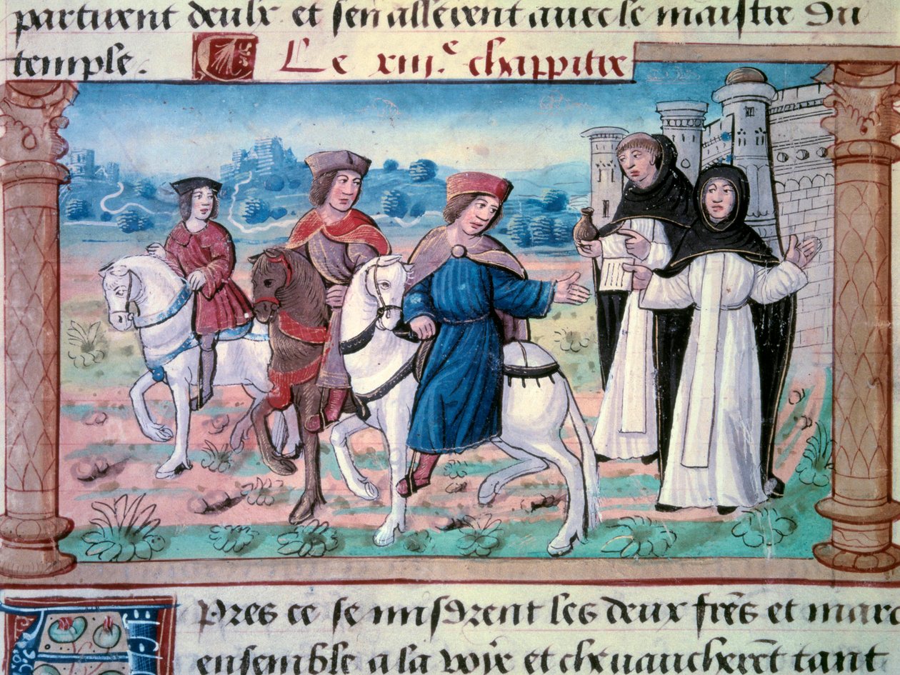 Odchody bratrů Nicola a Mattea Polových, otce a strýce mladého Marca Pola (1254-1324) s mladíkem kolem roku 1271. Miniatura převzata z „“The Book of Wonders“““ („“Devisement du monde“, „“ Il Milione”) od Marca Pola (1254-1324) 1298 Bibl od Unknown artist