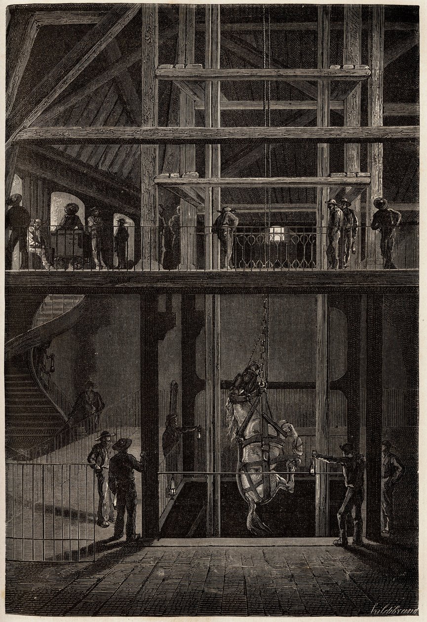 Sestup koně v dolech Creusot, používaný v podzemních tunelech pro přepravu povozů uhlí. Rytina pro ilustraci plavby na Creusot a doly Saone a Loire v roce 1865 od L. Simonina v „“ Le tour du monde, nouveau journal des od Unknown artist