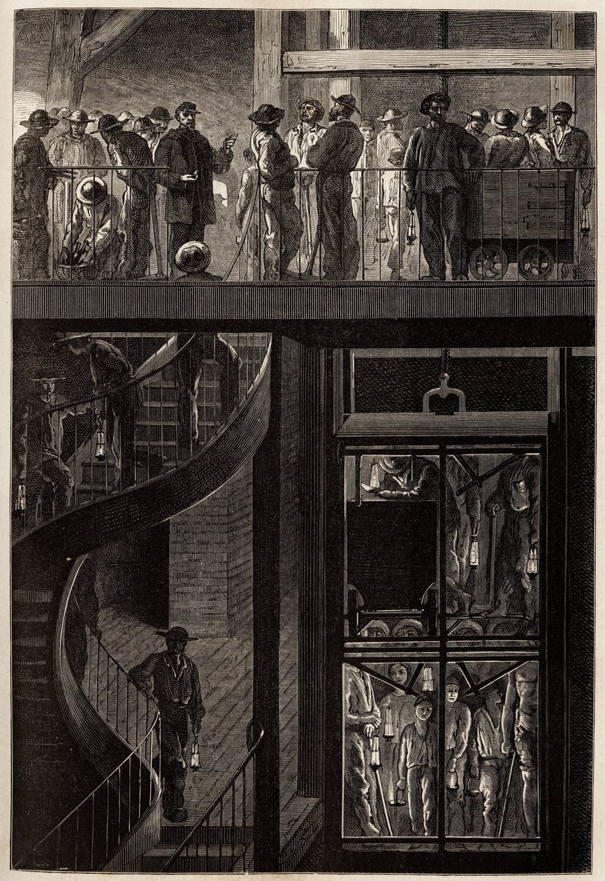 Sestup horníků (mužů, žen a dětí) výtahovou klecí do podzemních štol uhelných dolů Creusot. Rytina pro ilustraci plavby na Creusot a doly Saone a Loire v roce 1865 od L. Simonina v „“ Le tour du m od Unknown artist