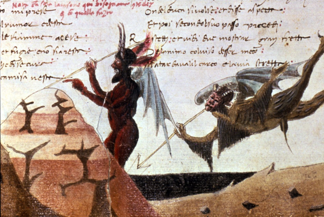 Čerti v kruhu pekla po ručně psaném vydání Divina Commedia (Božská komedie) od Dante Alighieriho (1265 - 1321) ze 14. století. Bibl.Trivulziana Milan. od Unknown artist