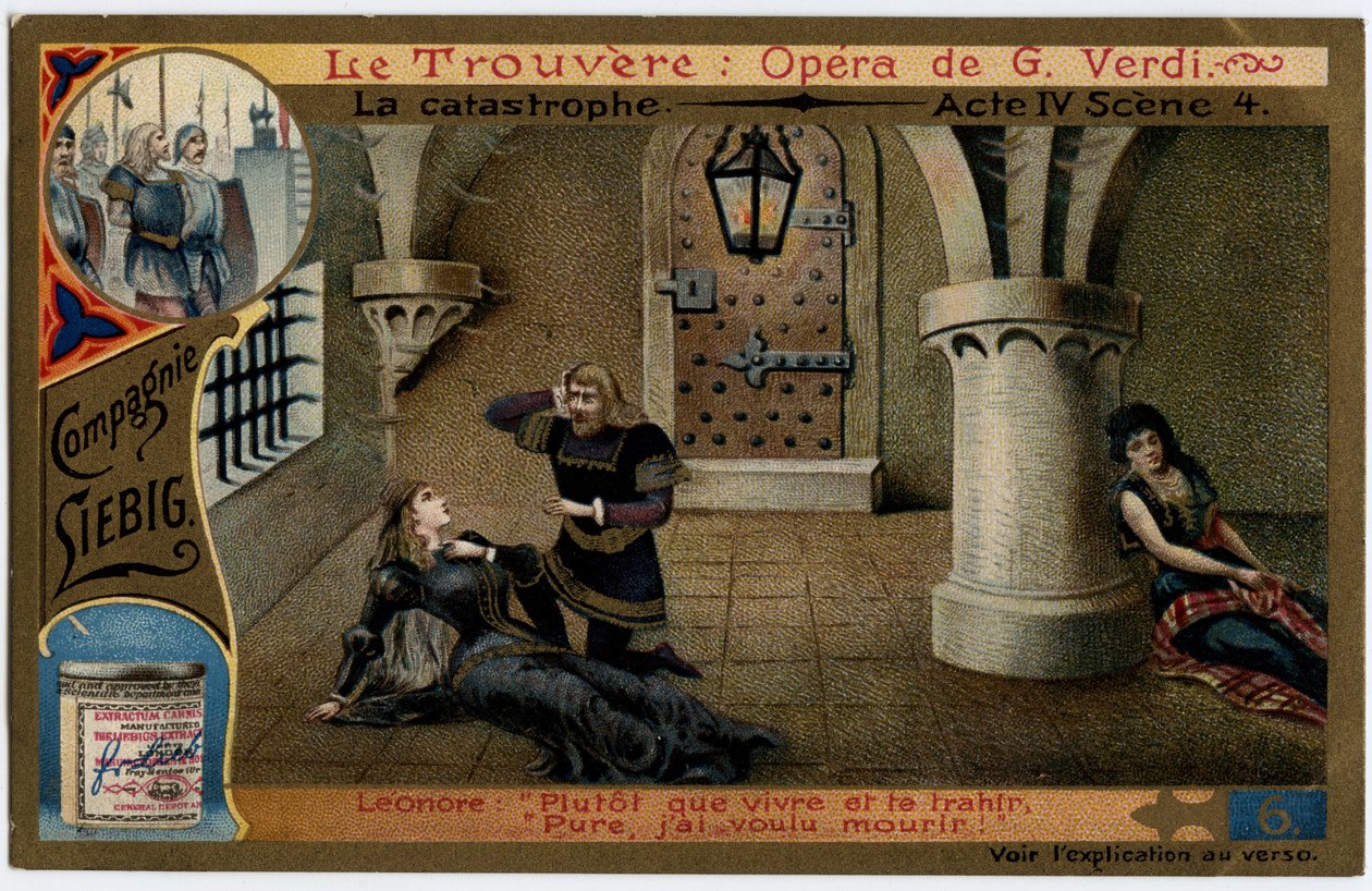 Katastrofální akt IV scéna 4. Ilustrace k opeře „“ The find““ (Il trovatore) od Giuseppe Verdiho (1813-1901). Chromolitografie (Chromo) Liebig z konce 19. století. od Unknown artist