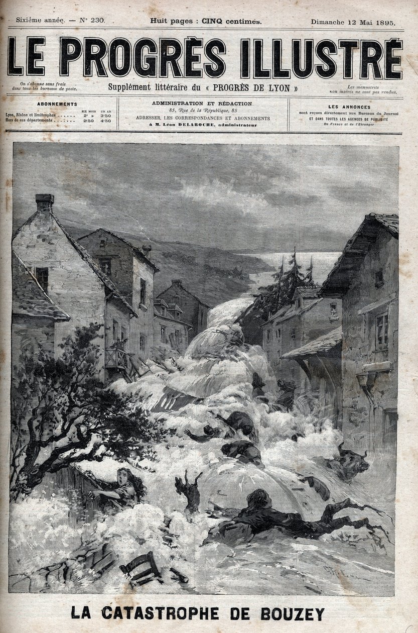 Katastrofa Bouzey (Vosges), hráz nádrže Epinal se protrhla a vylila 7 milionů metrů krychlových vody - rytina v „Le Progres illustrious““ z roku 1895 od Unknown artist