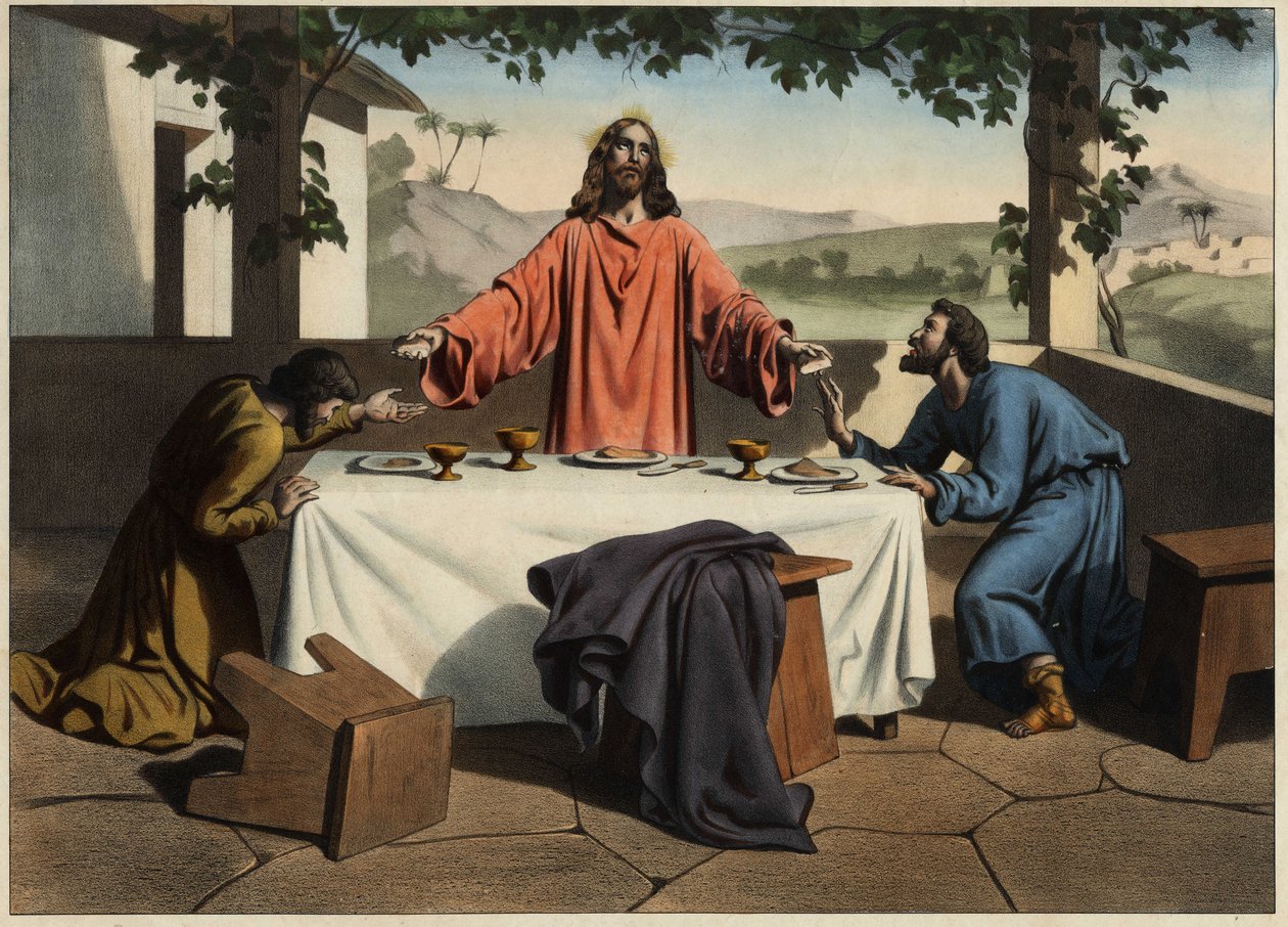 Učedníci z Emau (Emmaus) se o velikonočním večeru setkávají se vzkříšeným Kristem, který se dělí o chléb. Anonymní rytina z poloviny 19. století. od Unknown artist