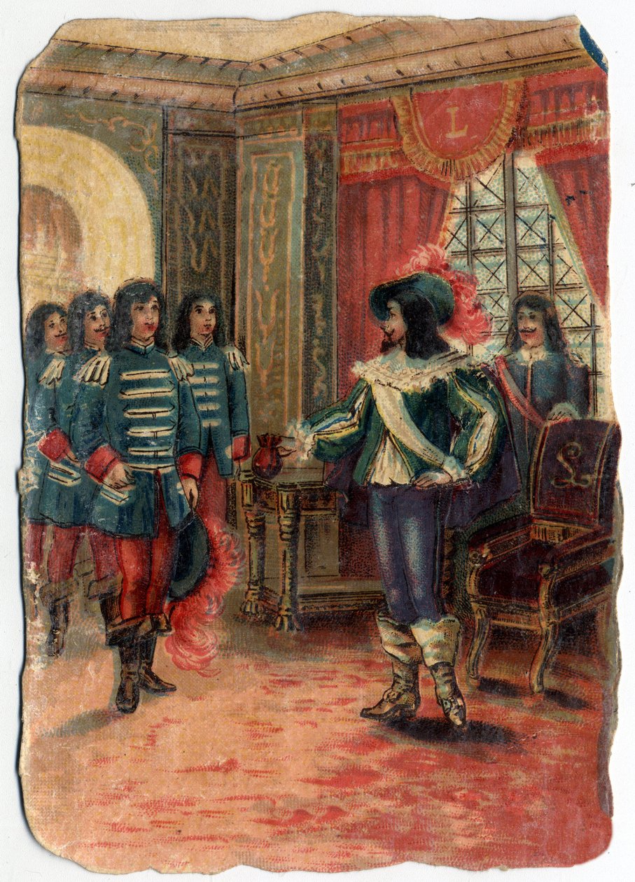 Neshody mezi třemi mušketýry a stráží kardinála Julese Mazarina (Giulio Raimondo Mazzarino nebo Mazarino) (1602-1661). Chromolitografie 19. století. od Unknown artist