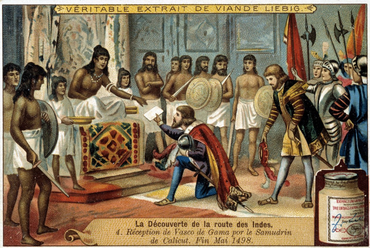 Objev indické cesty: Přijetí Vasca da Gamy samudrinem z Calicutu, konec května 1498 - reklamní viněta Liébig od Unknown artist