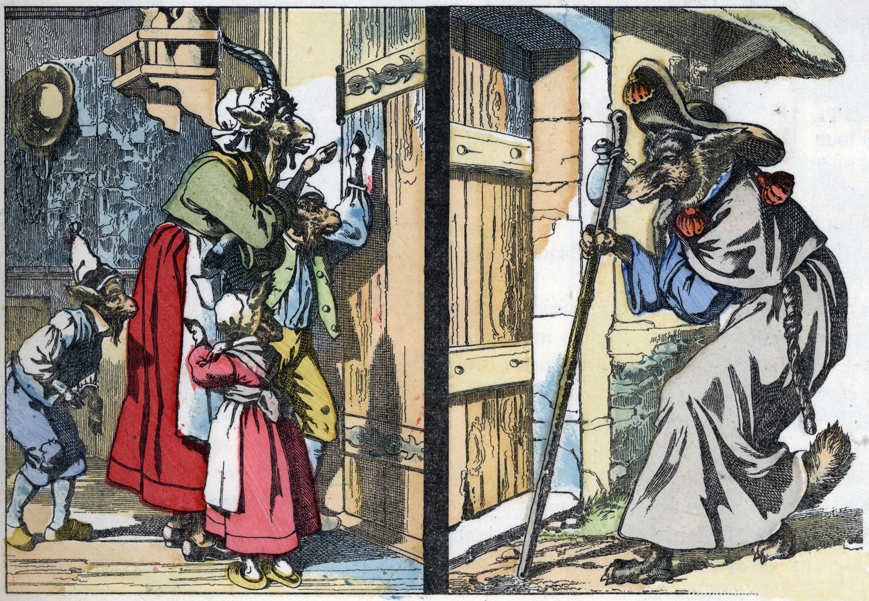 Přestrojený vlk klepe na dveře domu s kozou a bikety. Ilustrace příběhu „Compere le Loup, Maitre Renard, Comere la Chevre et ses petits biquets““ podle bajky Jean de la Fontaine. V “” Příběhy z domova pro malé od Unknown artist