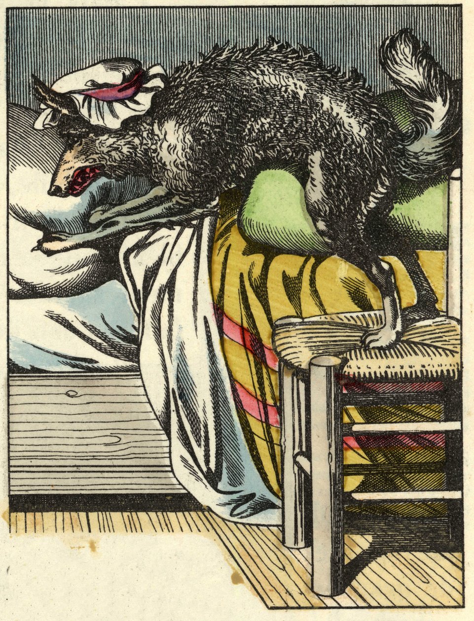 Přestrojený vlk zaujme místo babičky v posteli. Ilustrace pohádky „Červená karkulka“ od Charlese Perraulta od Unknown artist