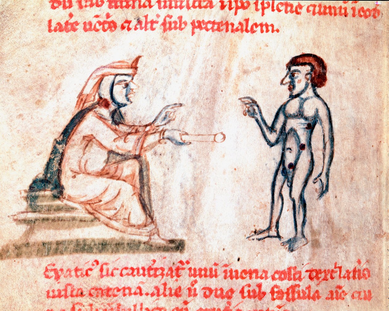 Lékař pálí pacienta na bolestivá místa žhavými žehličkami Miniatura z rukopisu „“ De Medicina cauteriorum secundum Brunum, Rugerium et Rolthe“ Paříž 13. století, B.N. od Unknown artist