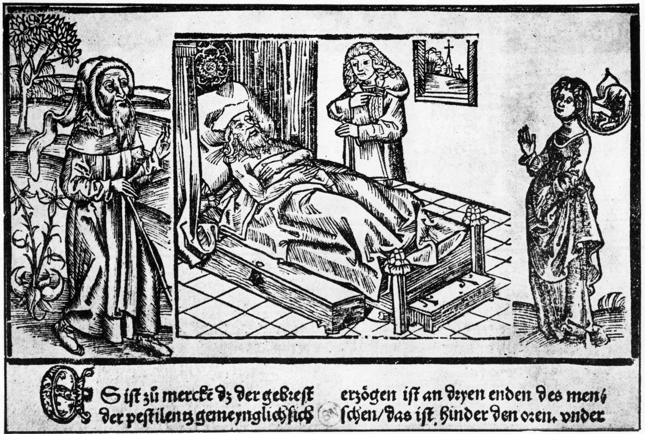 Lékař v posteli pestiferé, dřevorytina „Liber pestilentialis“ od Jérôma Brunschwiga, Štrasburk od Unknown artist