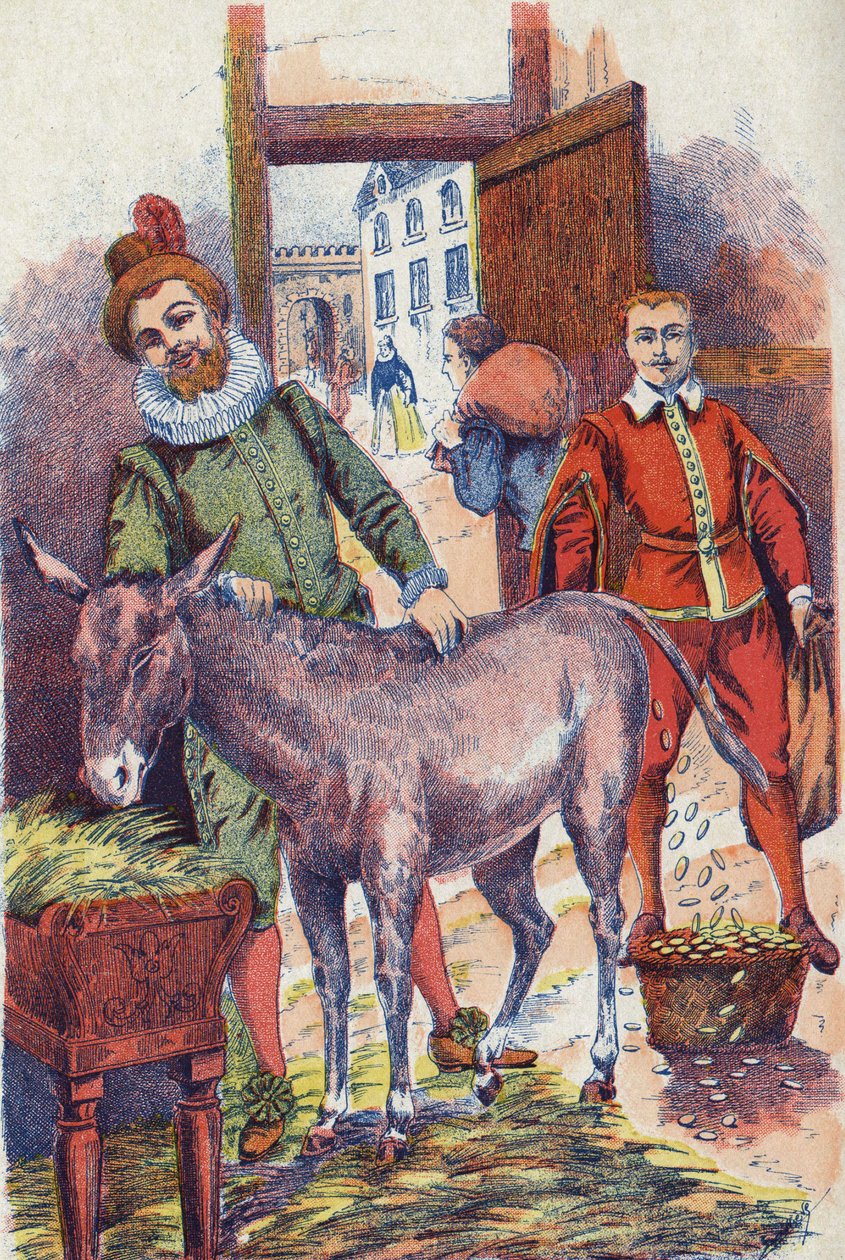 Osel se zlatým Ecusem. Ilustrace k příběhu „Oslí kůže“ od Charlese Perraulta (1628-1703), francouzského spisovatele. Anonymní ilustrace. Snímky Marcel Vagne, Jarville Nancy, nedatováno (konec 19. století). od Unknown artist