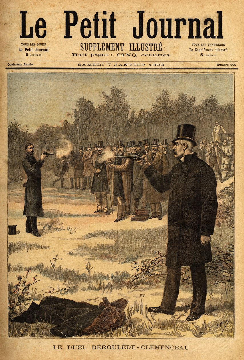 Souboj s pistolí (ve Francii zakázaný od roku 1626) mezi zástupci Paulem Derouledem (1846-1914) a Georgesem Clemenceauem (1841-1929), žádná škoda. Rytina v “” Le petit journal”” 7.1.1893. Selva sbírka. od Unknown artist