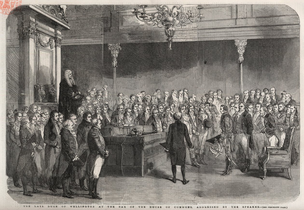 Vévoda z Wellingtonu (Arthur Wellesley (1769-1852) (vévoda z Wellingtonu) stojí u baru Dolní sněmovny, aby přijal blahopřání předsedy k vítězství ve Vimeiru v poloostrovní válce od Unknown artist