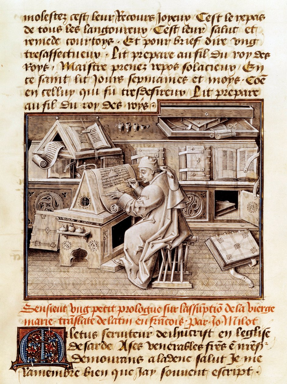 Církevní, kopista a překladatel Jean Mielot (zemř. 1472) představuje práci ve své kanceláři Page rukopisu z 15. století. Paříž, B.N. od Unknown artist
