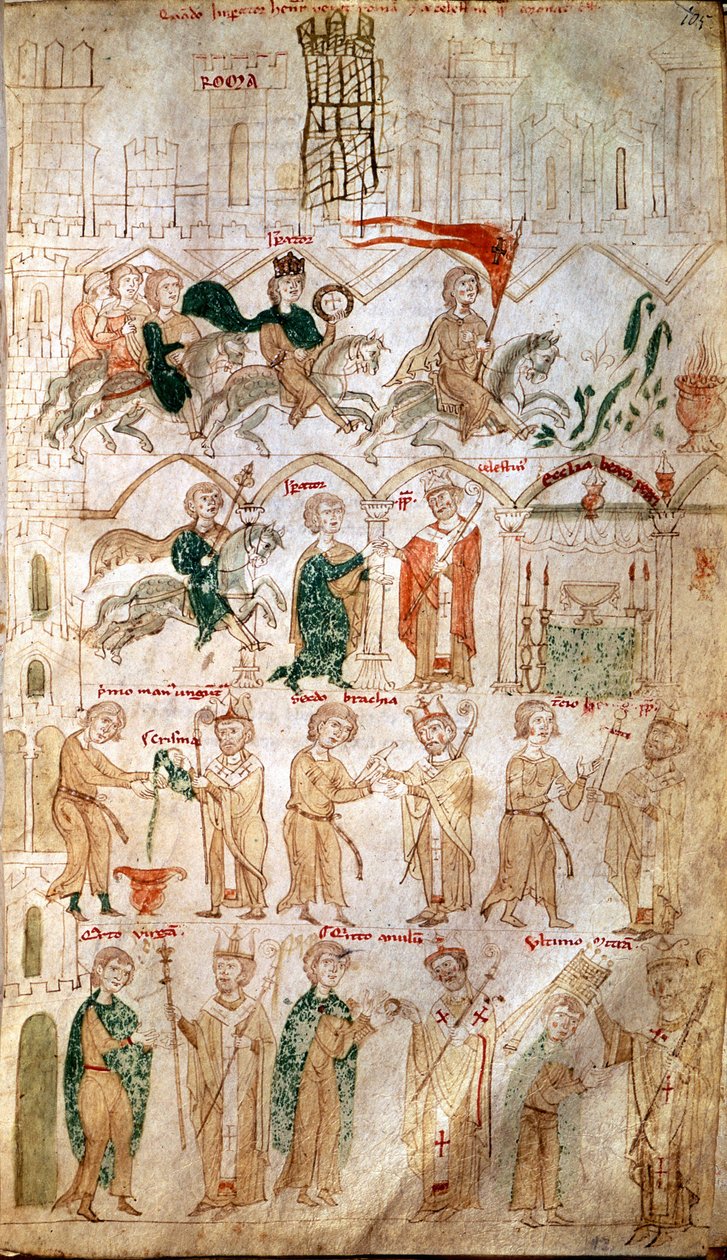 Vstup Jindřicha VI. ze Svaté říše (1165-1197) do Říma a jeho korunovace na císaře dne 14. 4. 1191 papežem Celestinem III. Strana převzata z „“ Liber ad honorem Augusti“““ od Pietra da Eboli (Petr z Eboli) - (kodex 120, fol 105) Burgerbibli 13. stol. od Unknown artist