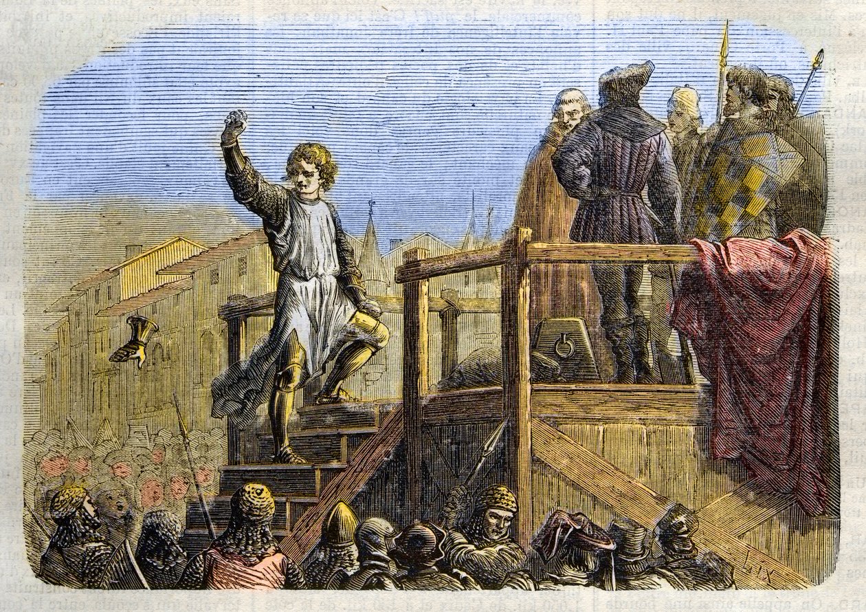 Poprava Konradina (nebo Konráda z Hohenstaufenu), sicilského krále a vévody švábského (1252-1268) na příkaz Karla z Anjou po bitvě u Tagliacozzo v roce 1268“ (poprava Konradina (nebo Konráda mladšího), posledního štauferského krále ze Sicílie, následující od Unknown artist