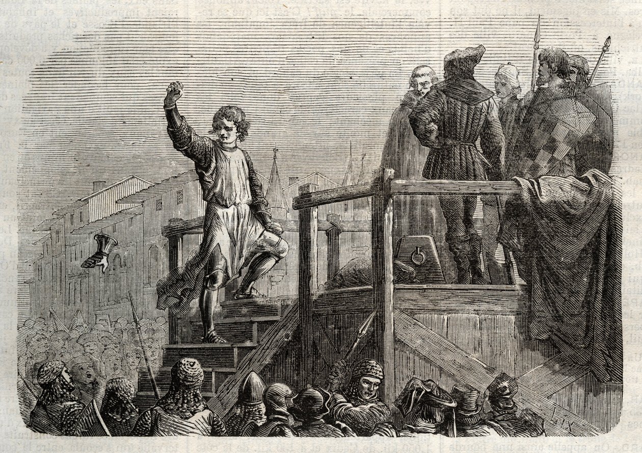 Poprava Konradina (nebo Konráda z Hohenstaufenu), sicilského krále a vévody švábského (1252-1268) na příkaz Karla z Anjou po bitvě u Tagliacozzo v roce 1268“ (poprava Konradina (nebo Konráda mladšího), posledního štauferského krále ze Sicílie, následující od Unknown artist