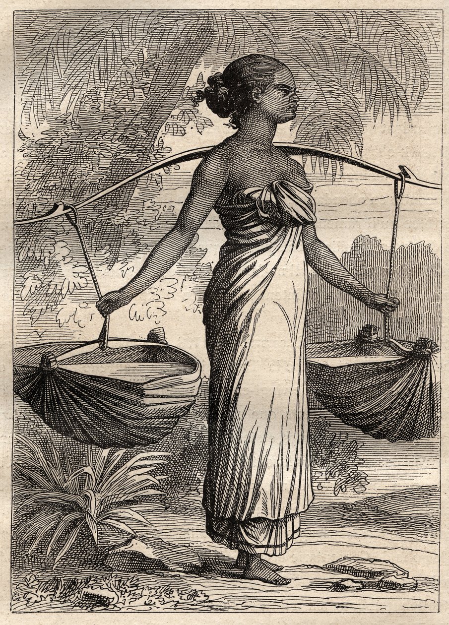 Expedice kolem světa (1790-1792) kapitána Etienna Marchanda (1755-1793): nosič vody v Timoru (Východní Timor, Indonésie) - ilustrace převzata z „Velkých námořníků 18. století““ od Unknown artist