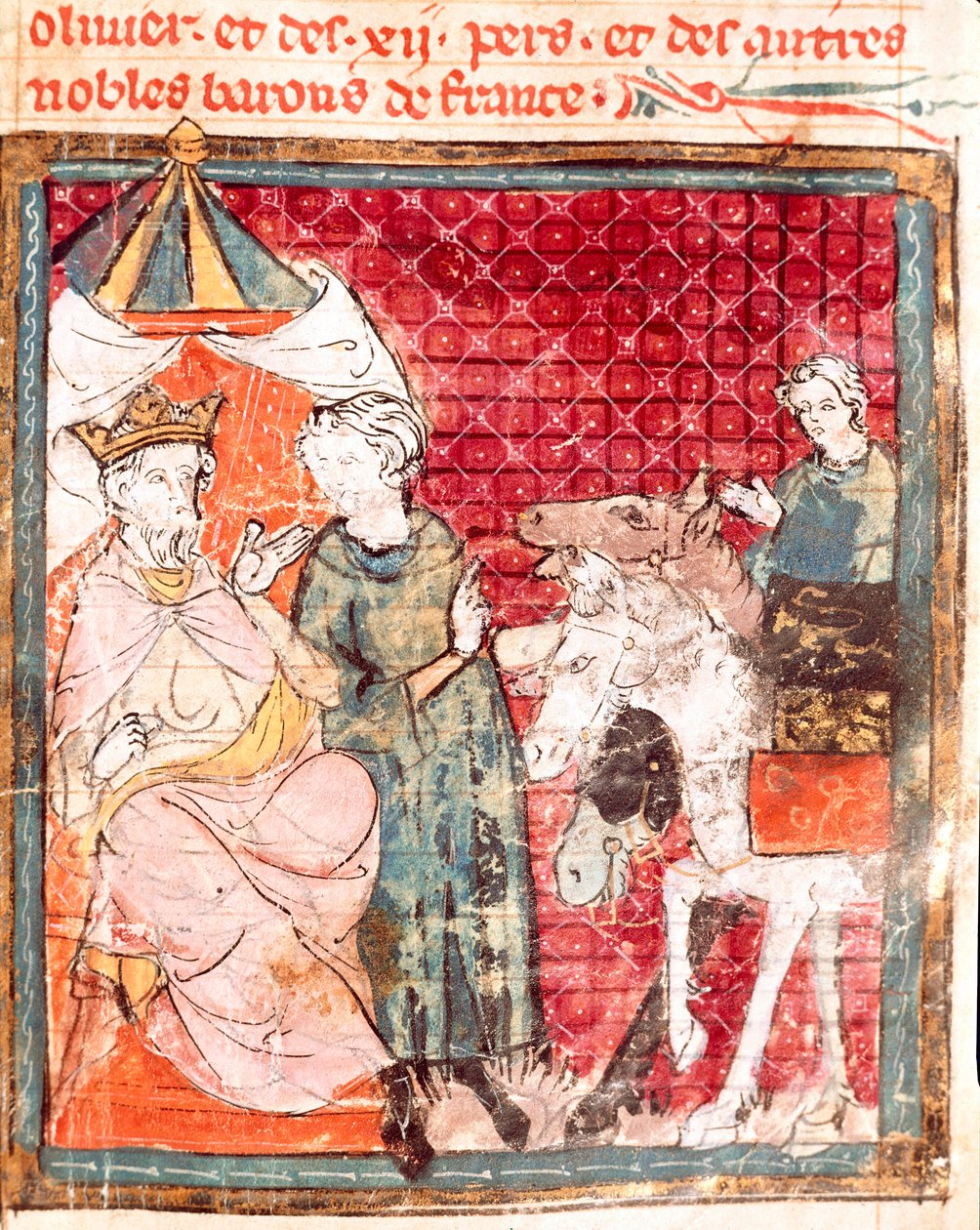 Loučení rytíře Rolanda s jeho strýcem Karlem Velikým (742-814) Miniatura z „“Grandes Chronicles de France”” 1375-1379 Městská knihovna, Castres od Unknown artist
