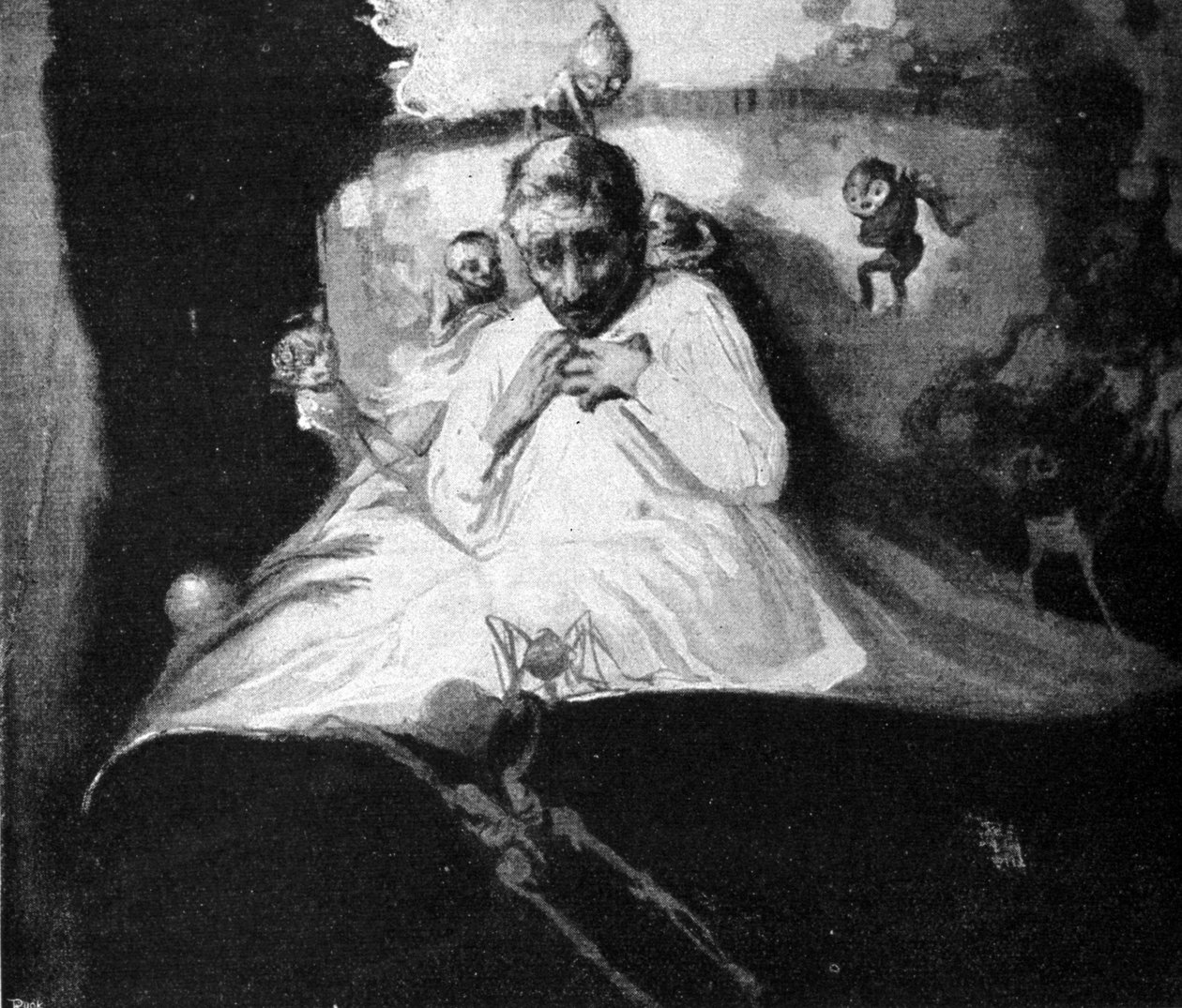 Strach z duchů (muž v posteli si myslí, že je napaden imaginárními tvory). od Unknown artist