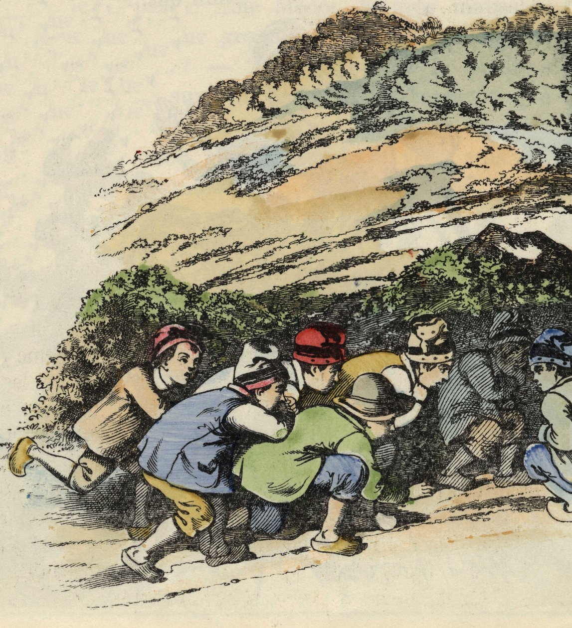 Divoši malého Pouceta se schovávají v duté skále, aby unikli zlobrovi. Ilustrace pohádky „Le Pepetit Poucet““ od Charlese Perraulta od Unknown artist