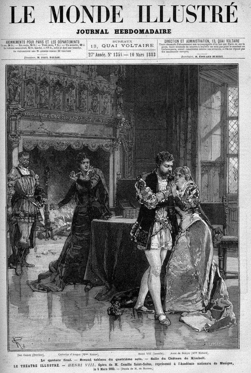 Závěrečná čtveřice, druhý obraz čtvrtého aktu, který se odehrává v komnatě hradu Kimbolt. Scéna opery Jindřich VIII. od Camille Saint Saens (Saint-Saens) zastoupená na národní hudební akademii 5. března od Unknown artist
