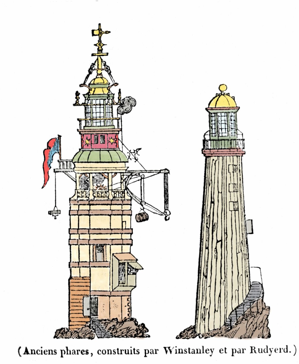 První a druhý maják v Eddystone. První, postavený v roce 1696, zmizel jedné noci bouře v roce 1703; druhý kolaps v roce 1775 v důsledku požáru. od Unknown artist