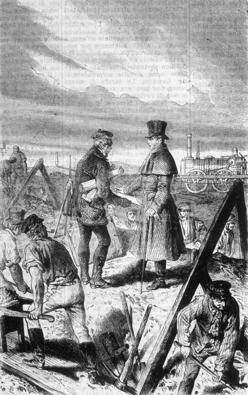 První parní lokomotiva postavená britským inženýrem Georgem Stephensonem (1781-1848). od Unknown artist