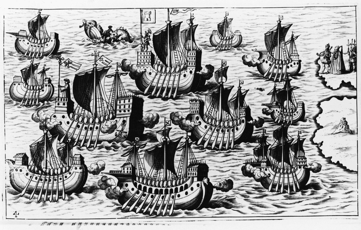 Flotila Kryštofa Kolumba (Cristoforo Colombo) k dobytí nového světa – v „Novém Tipu po cestě do Nového světa“ od Philoponus Honorius od Unknown artist