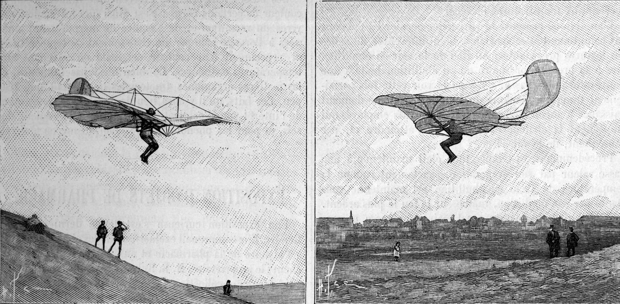 Letící letoun Otto Lilienthala (1848-1896), německého průkopníka letectví, ve dvou různých polohách (z okamžité fotografie). Rytina v „“ La Nature: revue des sciences et de leurs applications aux arts et a l