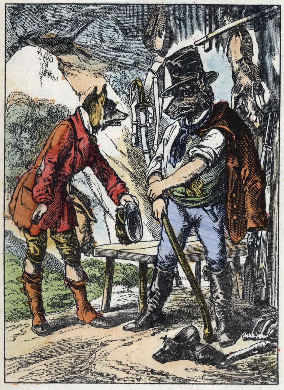 Liška a vlk. Ilustrace pohádky „Dobrá máma ovečka““. V „“ Pohádky z domova pro nejmenší““. Anonymní rytina 19. století. od Unknown artist