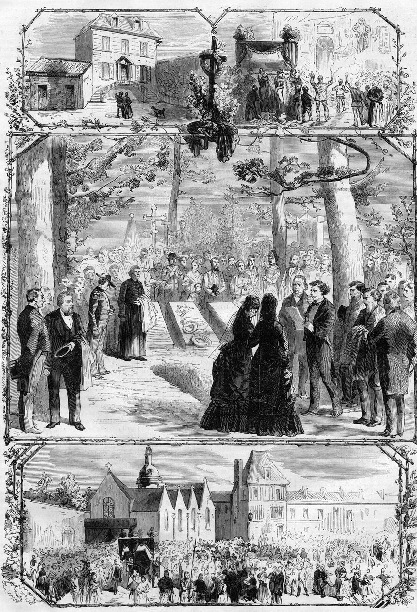 Pohřeb Alexandra Dumase pere (1802-1870) ve Villers Cotterets (Villers-Cotterets). Gravírování v „“L