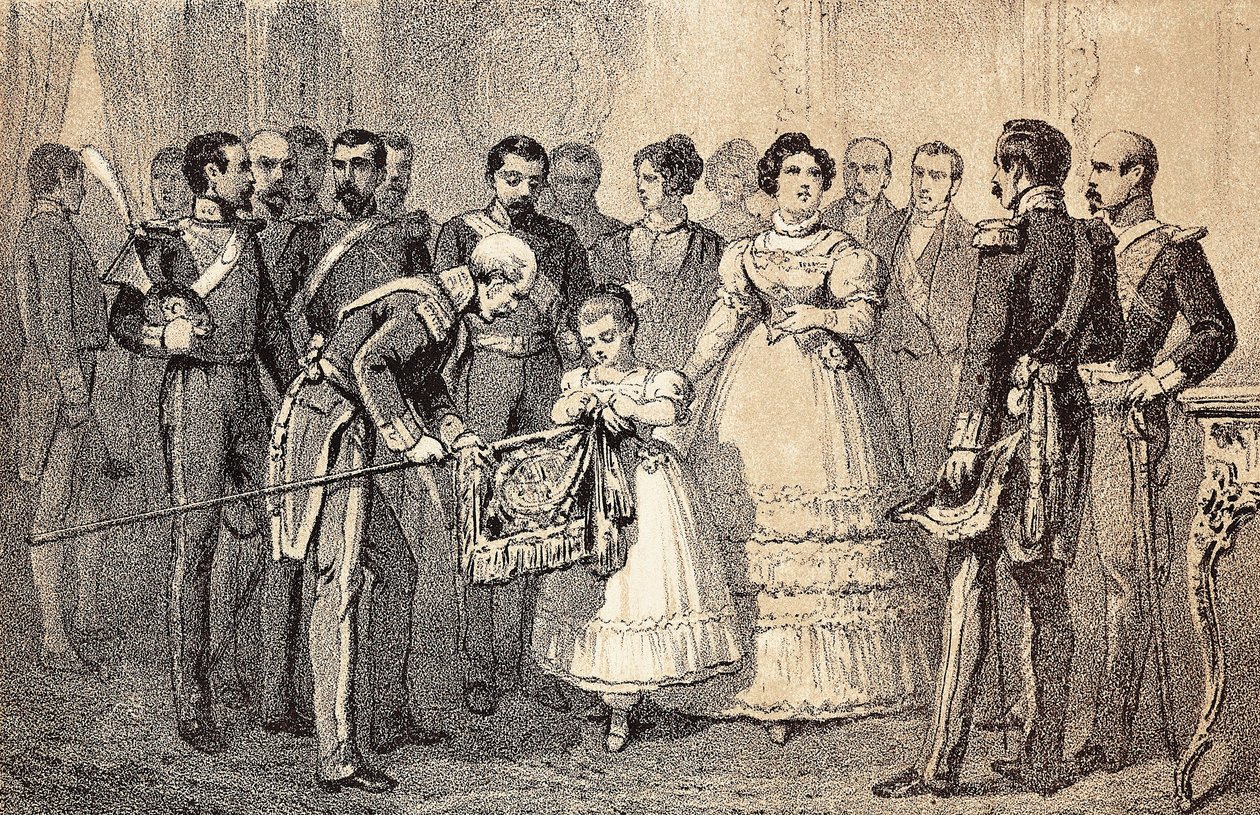 Budoucí španělská královna Isabella II (Isabella Bourbonská) (1830-1904) (Isabela II. Španělská) zdobící vlajku oštěpů stráže Řádu svatého Ferdinanda (San Fernando). Litografie. od Unknown artist