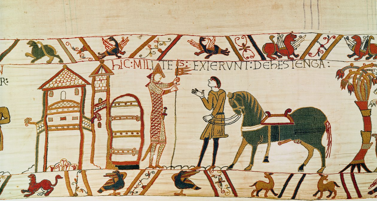 Brána Hastingsu se otevírá Normanům k pochodu proti Haroldovi, Bayeux Tapestry (vlněná výšivka na plátně) od Unknown artist