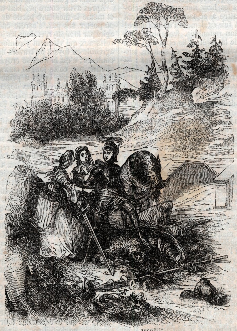 Obr Eriphile poražený Rogerem (Ruggero, Ruggiero) - rytina z roku 1851 z „“Furious Roland““ (Orlando furioso) (16. století) od Ludovica Ariosta, známého jako Ariosta – vydání přeložené z italštiny hrabětem z Tressanu a vydané od Gusta od Unknown artist