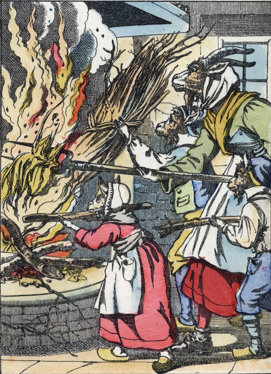 Koza a cetky zapálili komín. Ilustrace příběhu „Compere le Loup, Maitre Renard, Comere la Chevre et ses petits biquets““ podle bajky Jean de la Fontaine. V „“ Pohádky z domova pro nejmenší““. Anonymní rytina od Unknown artist